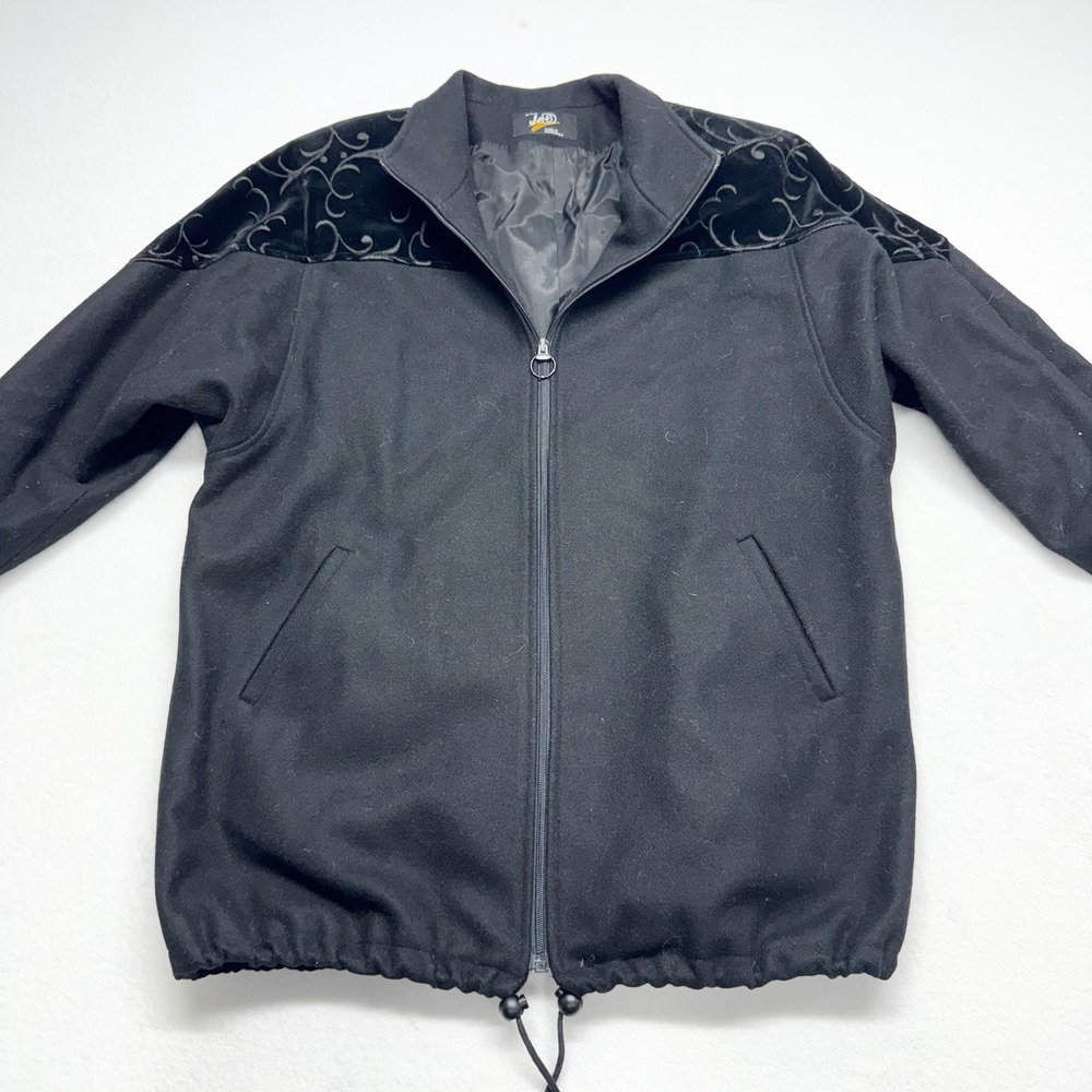 J&D Petite Full Zip‎ Wool Jacket Womens XL Black Velvet Embroidered Vintage 90s